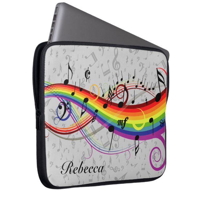 Rainbow Black Musical Notes on Grey Laptop Sleeve (Voorkant Rechts)