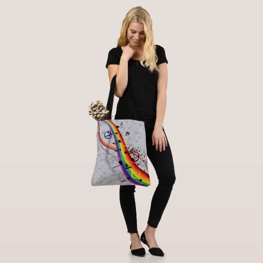 Rainbow Black Musical Notes on Grey Tote Bag (Op model)
