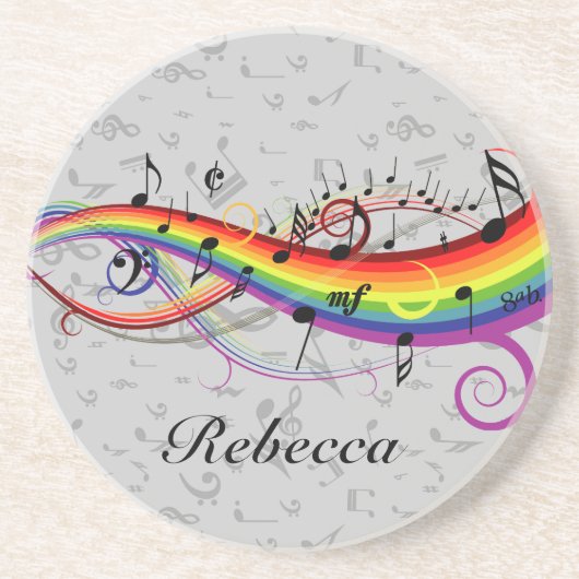 Rainbow Black Musical Notes on Grey Zandsteen Onderzetter (Voorkant)