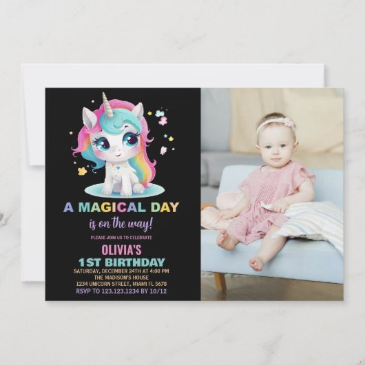 Rainbow Black Unicorn Verjaardag Uitnodigingen Fot (Voorkant)