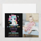 Rainbow Black Unicorn Verjaardag Uitnodigingen Fot (Voorkant / Achterkant)