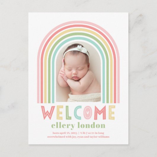 Rainbow Bliss Baby Birth Announcement Briefkaart (Voorkant)