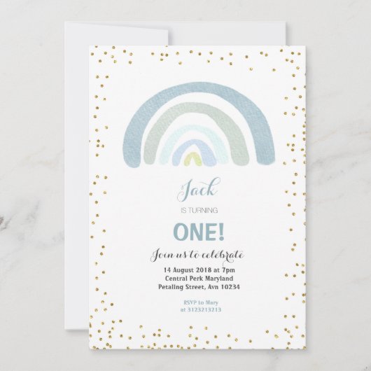 Rainbow Blue 1st Birthday Invitation Boy Kaart (Voorkant)