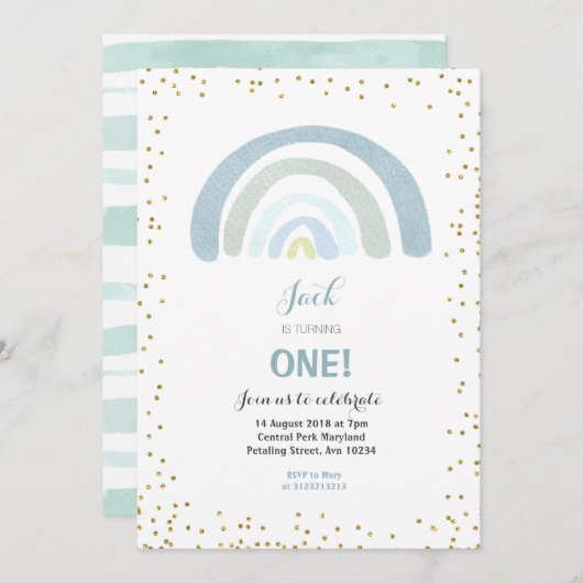 Rainbow Blue 1st Birthday Invitation Boy Kaart (Voorkant / Achterkant)