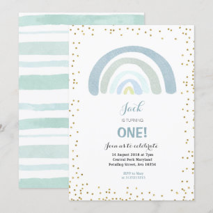 Rainbow Blue 1st Birthday Invitation Boy Kaart