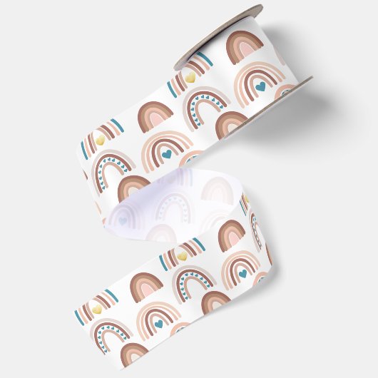 Rainbow Blue Blush Beige Patterned Satijnen Lint (Achterkant)