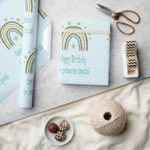 Rainbow Blue Gold Happy Birthday Iemand Special Cadeaupapier