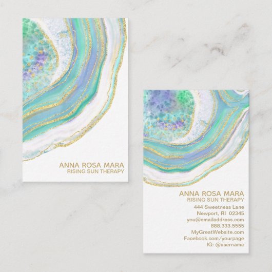 *~* Rainbow Blue Mint Gold Glitter Pastel Agate Visitekaartje (Voorkant / Achterkant)