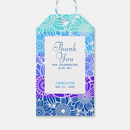 Rainbow Blue Stripes Floral Verjaardag Dank u Cadeaulabel (Voorkant)