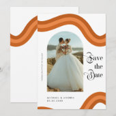 Rainbow Boho Arch Photo Retro Script 70s Wedding Save The Date (Voorkant / Achterkant)