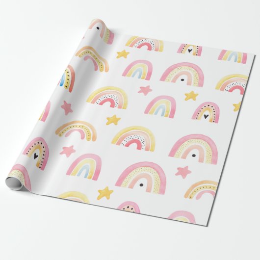 Rainbow Boho Pink Pattern Girly Birthday Cadeaupapier (Uitgerold)