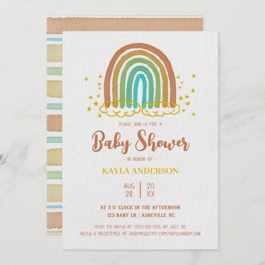Rainbow Boho Waterverf Baby shower Kaart (Voorkant / Achterkant)