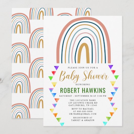 Rainbow Boho Waterverf Baby shower Kaart (Voorkant / Achterkant)