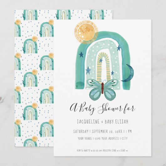 Rainbow Boho Waterverf Modern Blauwgroen Blue Sun Kaart (Voorkant / Achterkant)