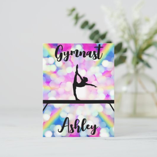 Rainbow Bokeh Blast Gymnastics Beam Personalized Briefkaart (Staand voorkant)