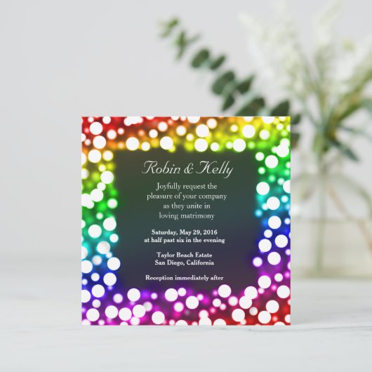 Rainbow bokeh huwelijksuitnodiging kaart (Staand voorkant)