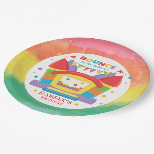 Rainbow Bounce House Birthday Party Papieren Bordje (Gekanteld)