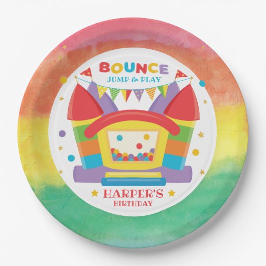 Rainbow Bounce House Birthday Party Papieren Bordje (Voorkant)