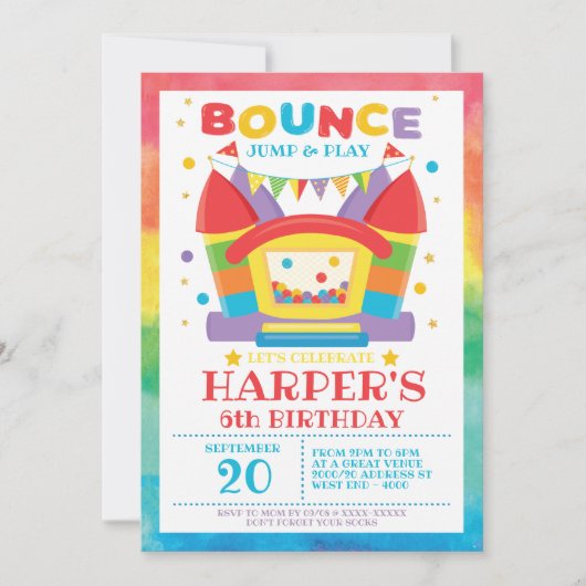 Rainbow Bounce House Birthday Party Uitnodiging (Voorkant)