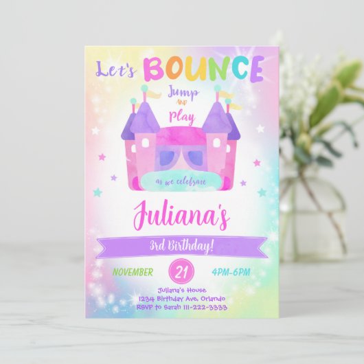 Rainbow Bounce House Verjaardag uitnodiging (Staand voorkant)