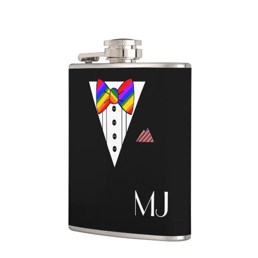 Rainbow Bow Stropdas Black Tuxedo Monogrammen Heupfles (Links)