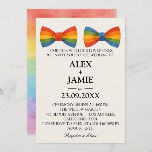 Rainbow Bow Stropdas LGBT Gay Wedding Invitation Kaart (Voorkant / Achterkant)