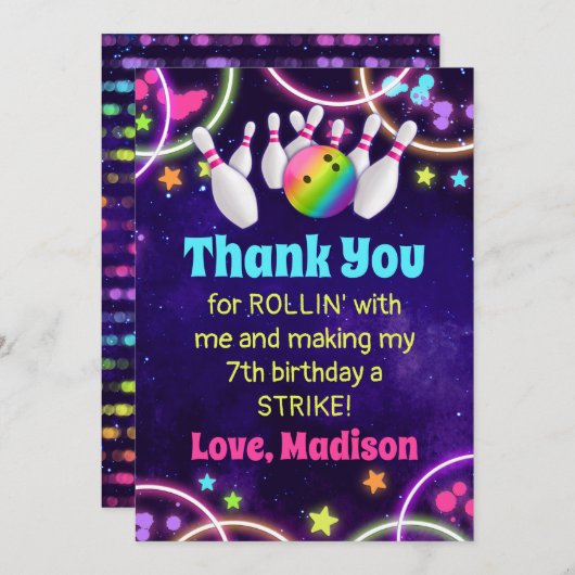 Rainbow Bowling Birthday Party Dank u wel kaarten (Voorkant / Achterkant)