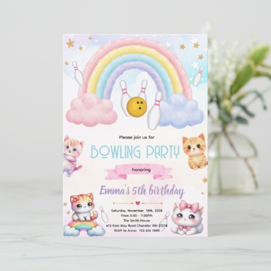 Rainbow bowling cat party invitation kaart (Staand voorkant)