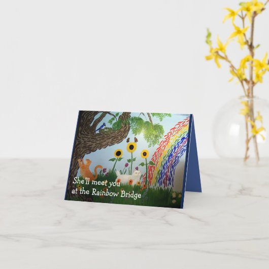 Rainbow Bridge Vrouw Cat Sympathie Kaart (Gele Bloem)