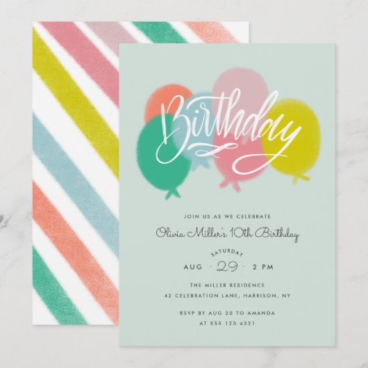 Rainbow Bright Balloons Birthday Party Mint Kaart (Voorkant / Achterkant)