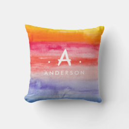 Rainbow Bright Waterverven Familienaam Monogram Kussen