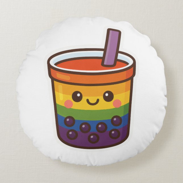 Rainbow Bubble Tea LGBTQ+ Pride Rond Kussen (Voorkant)