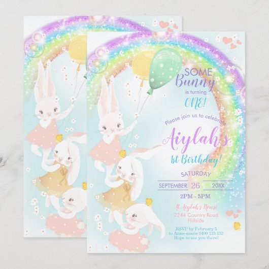 Rainbow Bunny 1st Birthday Invitation Kaart (Voorkant / Achterkant)