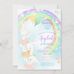 Rainbow Bunny 1st Birthday Invitation Kaart