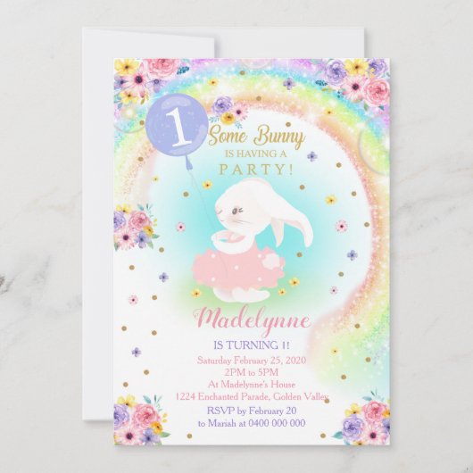 Rainbow Bunny Invitation Bunny Birthday Kaart (Voorkant)
