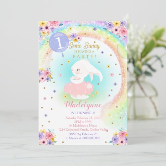 Rainbow Bunny Invitation Bunny Birthday Kaart (Staand voorkant)