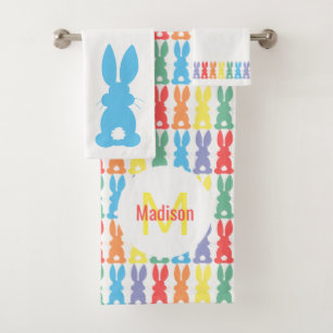 Rainbow Bunny Pattern Kinder Monogram Bad Handdoek