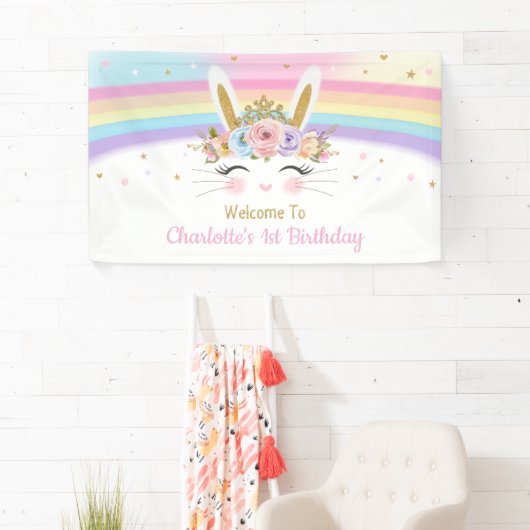 Rainbow Bunny Rabbit Baby shower Verjaardagsachter Spandoek (Insitu)