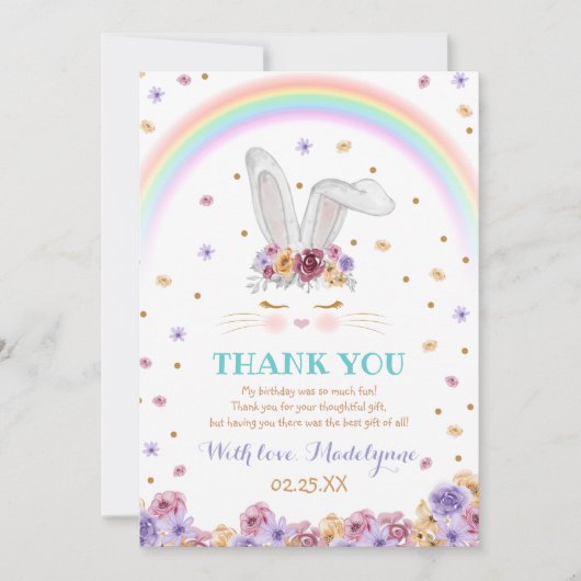Rainbow Bunny Waterverf Floral Bunny Birthday Bedankkaart (Voorkant)