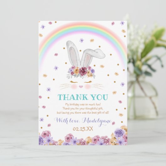 Rainbow Bunny Waterverf Floral Bunny Birthday Bedankkaart (Staand voorkant)