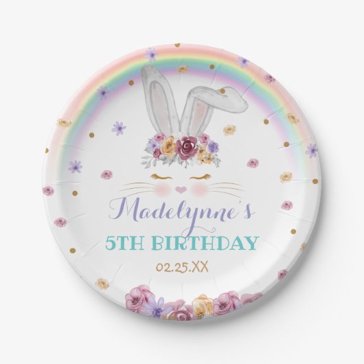 Rainbow Bunny Waterverf Floral Bunny Birthday Papieren Bordje (Voorkant)