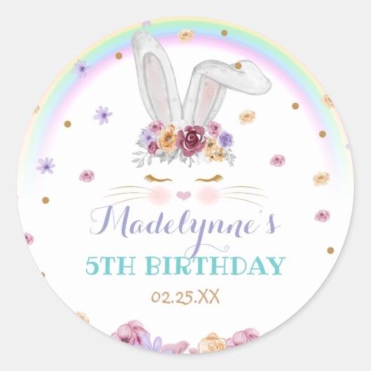 Rainbow Bunny Waterverf Floral Bunny Birthday Ronde Sticker (Voorkant)