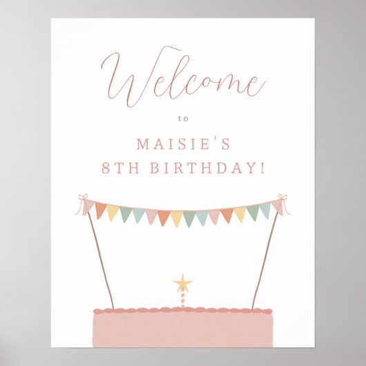 Rainbow Bunting & Cake Verjaardagsfeestje Welkom T Poster (Voorkant)