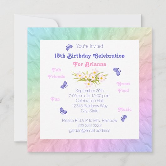 Rainbow Butterflies 13e verjaardagsfeest uitnodigi Kaart (Achterkant)