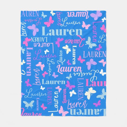 Rainbow butterflies, aangepaste naam sky blue Laur Fleece Deken (Voorkant)