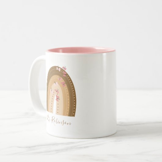 Rainbow Butterflies Script Teachers Name Tweekleurige Koffiemok (Voorkant links)