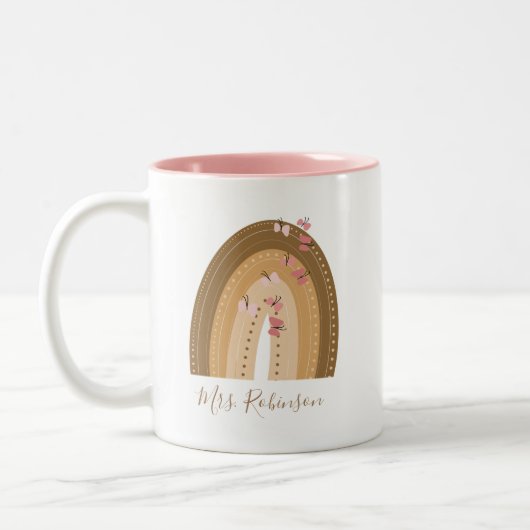 Rainbow Butterflies Script Teachers Name Tweekleurige Koffiemok (Links)