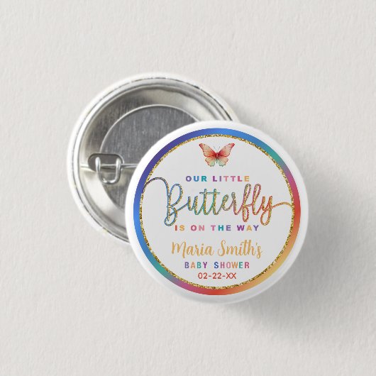 Rainbow Butterfly Baby shower Button (Voorkant /achterkant)