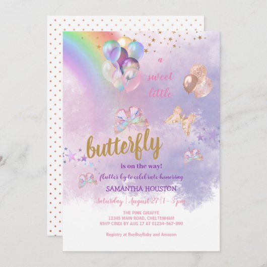 Rainbow Butterfly Baby shower Invitation Kaart (Voorkant / Achterkant)