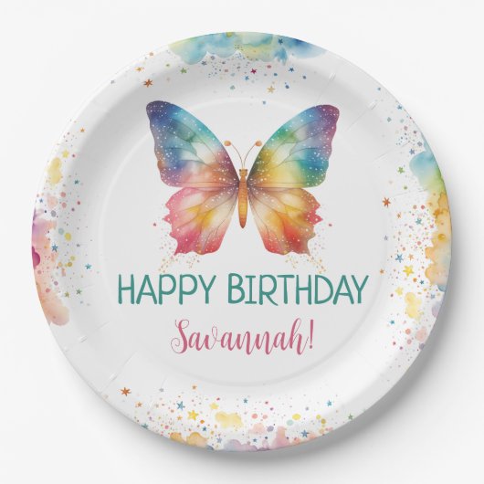 Rainbow Butterfly Birthday Papieren Bordje (Voorkant)